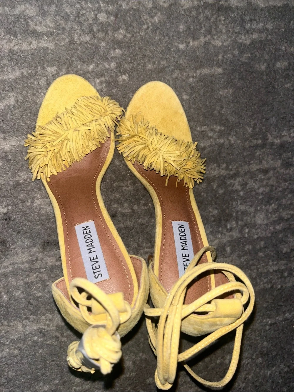 Steve Madden Yellow Fringe Suede Ankle-Tie Heels
